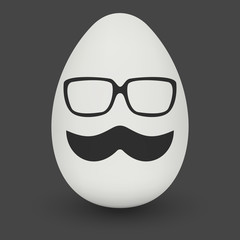 Chicken Egg hipster nerd glasses and stylish mustache with shadow on solid black background. Natural ecological product. Healthy food. Dietary product. Easter symbol. Vector illustration