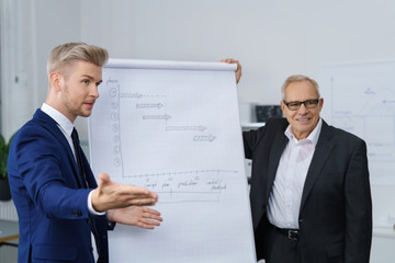 zwei geschäftsleute halten einen vortrag vor publikum