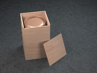 Aluminum Can in wooden Box mockup with opened lid. Canned packaging with golden cover for tea, coffee, gift box. 3d rendering