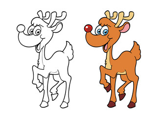 cartoon cute reindeer illustration in two versions, colored, black and white