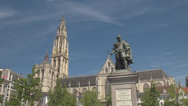 CLOSE UP: Beautiful Petro Paulo Rubens statue on Green Square in Antwerp