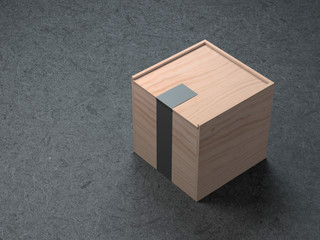 Square wooden box with black sticker. 3d rendering