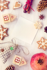 holiday background with Christmas atmosphere/ clean blank surrounded by special items top view 