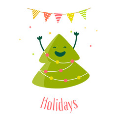 Greeting card with fun  christmas tree and garland with lights. Flat design. Vector illustration.