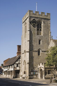 Medieval Tudor guildhall and church of St. John the Baptist, High Street, Henley in Arden, Warwickshire, Midlands