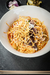 Khao soi, Khao Soi Recipe, Northern Style Curried Noodle Soup with coconut milk, Northern Thai cuisine.