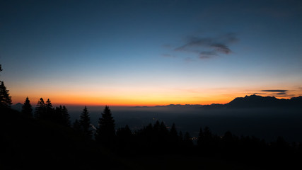 Sunset over the valley in the mountain