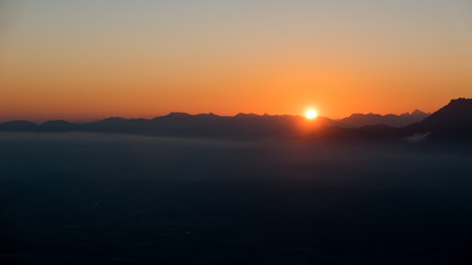 Sunset over the valley in the mountain