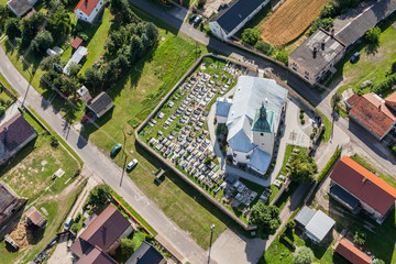 aerial view of  the village and harvest fields