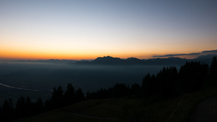 Sunset over the valley in the mountain