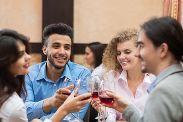 Business People Drink Wine Cheers Restaurant, Mix Race Group Friends Sitting In Cafe Happy Smiling Success Celebration