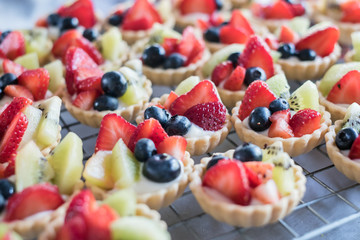 Fresh fruit pie tart with kiwi, blueberry and strawberry.,selective focuse