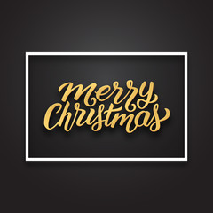 Merry Christmas phrase in frame on luxury black and golden color background. Premium vector illustration with typographic text for winter holidays season greetings.