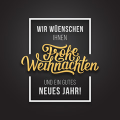 Frohe Weihnachten phrase in frame on luxury black and golden color background. Premium vector illustration with Merry Christmas lettering