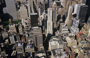 Elevated view of city with skyscrapers