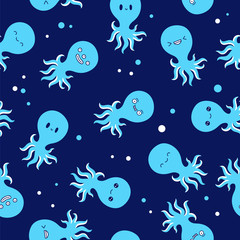 Naklejka na ściany i meble Seamless vector pattern of blue octopus with different emotions