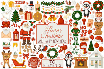 Christmas set in cartoon style. Cute Santa, elf, penguin, angel and reindeer. Christmas tree, fireplace, bells, balls, candles, gifts and other Christmas symbols. Isolated icons on white background.