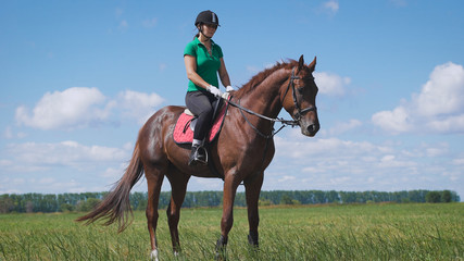 Young woman riding a horse on the green field