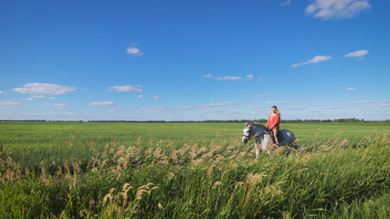 Fototapeta premium Beautiful blonde girl riding a horse at a countryside
