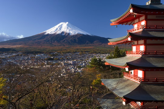 Mount Fuji capped in snow and the upper levels of a temple, Fuji-Hakone-Izu National Park, Chubu, Central Honshu, Japan