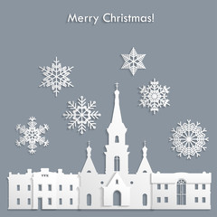 Fototapeta premium Template for Christmas postcard, invitation, poster. The old houses and church cut out from white paper and snowflakes on gray background.