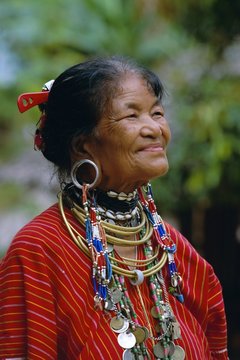 Portrait of a 'Big ears' Padaung tribe woman in Nai Soi, Mae Hong Son Province