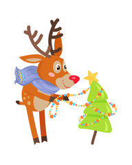 Deer in Blue Scarf Decorate Xmas Tree Isolated