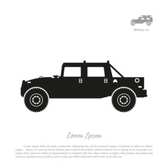 Black silhouette of military car on white background. War SUV in