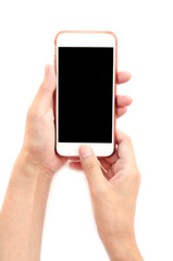 Hand holding White Smartphone with blank screen on white background.