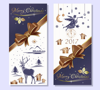 Merry Christmas 2017.  Purple greeting Christmas card with gift box, gold ribbon and bow, reindeer in a snowy winter forest, Christmas angel and antique clock . Vector flyer template