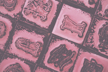 Close up of type set rubber stamps Vintage Retro Filter.