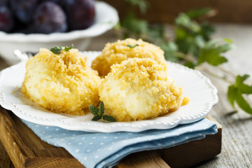 Cottage cheese and potato dough dumplings with plums