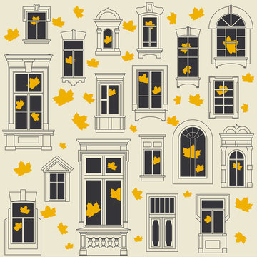 Seamless vector autumn pattern of different old windows and yellow maple leaves inside and outside. White background, black windows and outline.