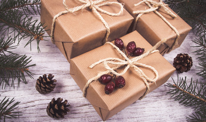 Rustic gift box with kraft paper. Christmas gift.
