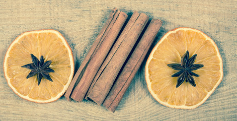 Orange slices, cinnamon and anise. Christmas decoration.