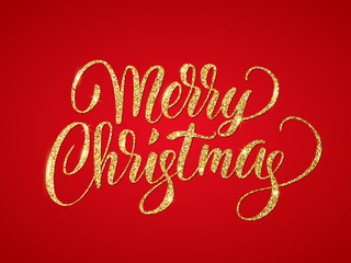 Merry christmas card with golden glitter lettering