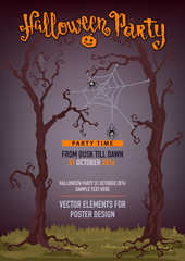 Halloween poster or card. Party invitation with Pumpkin, Spider Web and trees.
