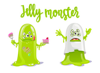 Cute green Jelly Monster with cake and candies and like scary ghost.