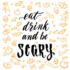 Halloween lettering. Vector handwritten brush words and pictograms for your design on white background.