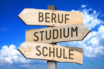 Beruf, Studium, Schule - German, Profession, Studies, School - English - wooden signpost