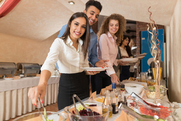 People Group Catering Buffet Food Restaurant Table, Business Banquet At Company Event Celebration
