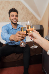 Latin Businessman Clink Champange Glass Cheers Sitting At Bed Room With Businesswoman Business Man Woman Lovers Hotel