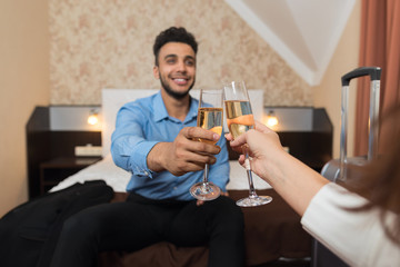 Latin Businessman Clink Champange Glass Cheers Sitting At Bed Room With Businesswoman Business Man Woman Lovers Hotel