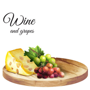 Background for your products with a table, cheese and grapes. Watercolor