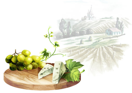 Background for your products with a table, white grapes, cheese and landscape