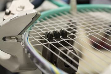 close-up of Badminton racket assembling work 