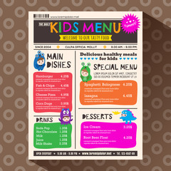 Cute colorful vibrant kids menu template in newspaper style