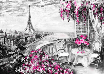 Obraz olejny, letnia kawiarnia w Paryżu. łagodny krajobraz miasta. Streszczenie kwiat. Widok z góry na balkon. Wieża Eiffla, Francja, tapeta. Sztuka współczesna - 129897369