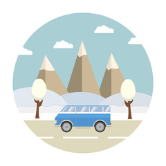 Winter forest landscape.Vector flat an illustration with mountains covered of snow and the car on the road.Winter landscape, Winter trip to the mountain resort.A travel for Christmas.