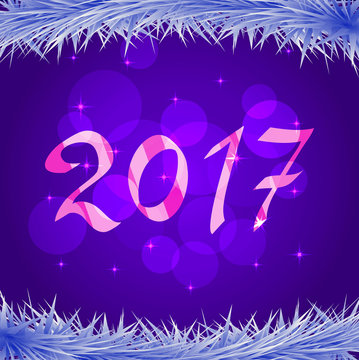 2017 for New year and Christmas with fir-tree branches with the snow.Vector a banner with a snowflake bokeh.Design element for leaflets, banners for the websites, greeting cards.